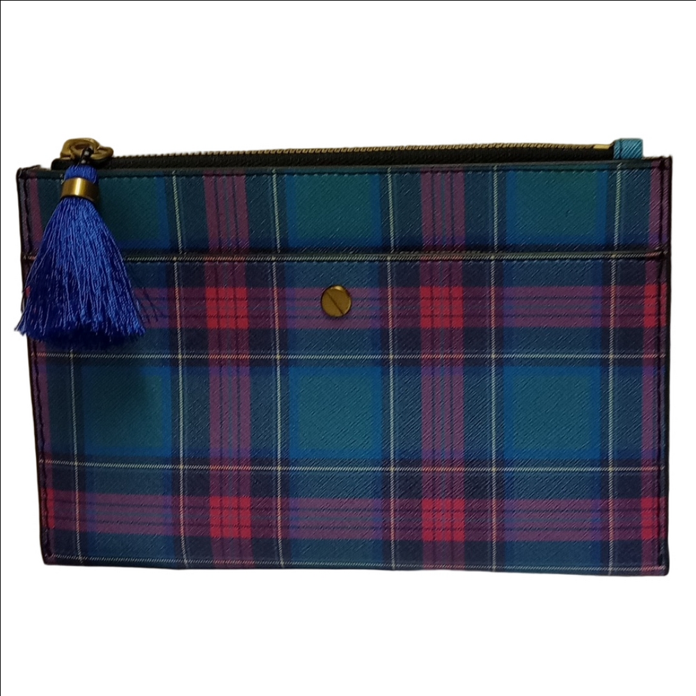 J.CREW BLUE & PINK PLAID ENVELOPE LEATHER CLUTCH WITH TASSEL - Picture 3 of 12